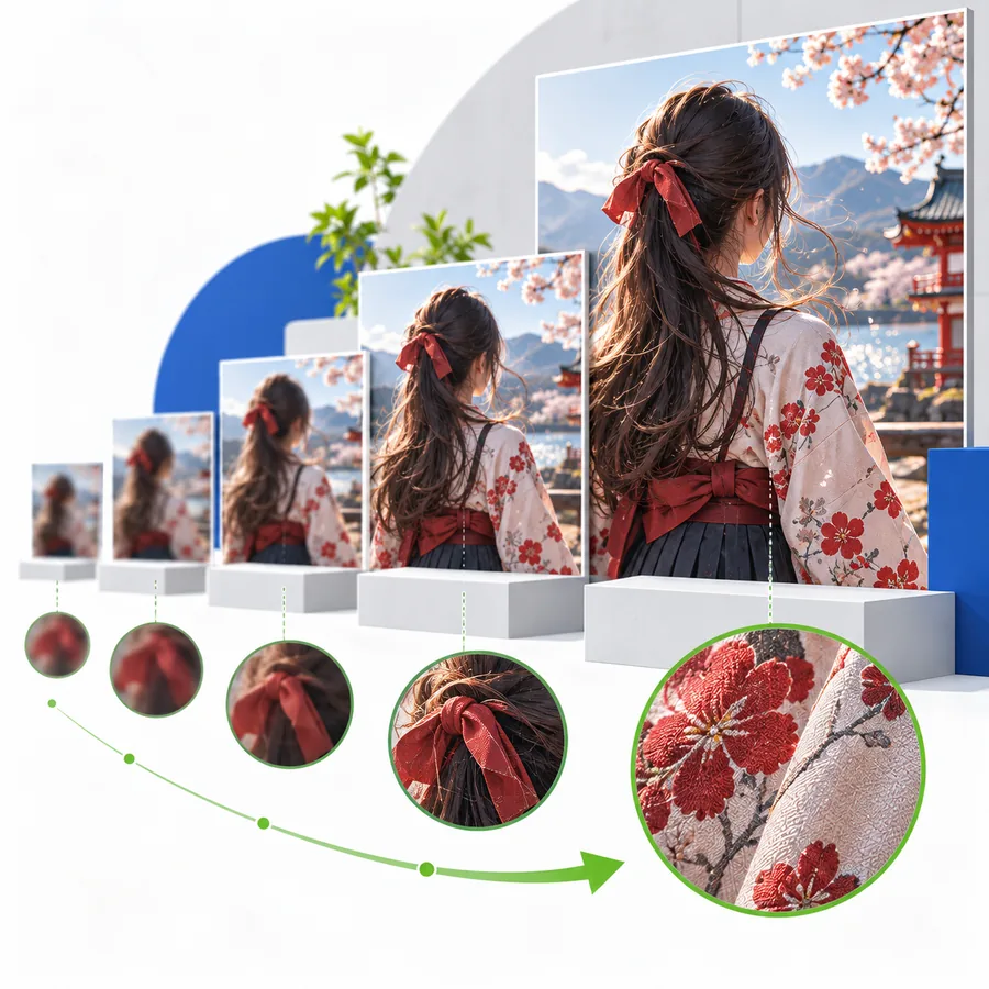 Sequential image tiles becoming clearer through enlargement