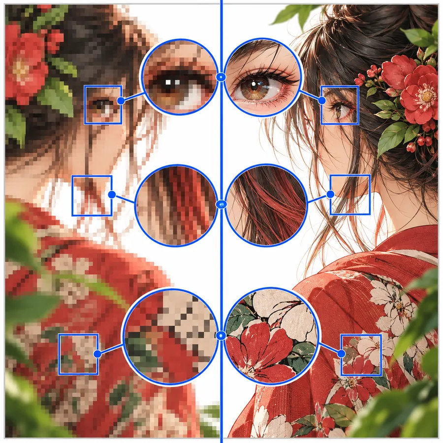 Close comparison of pixelated and reconstructed illustrated detail