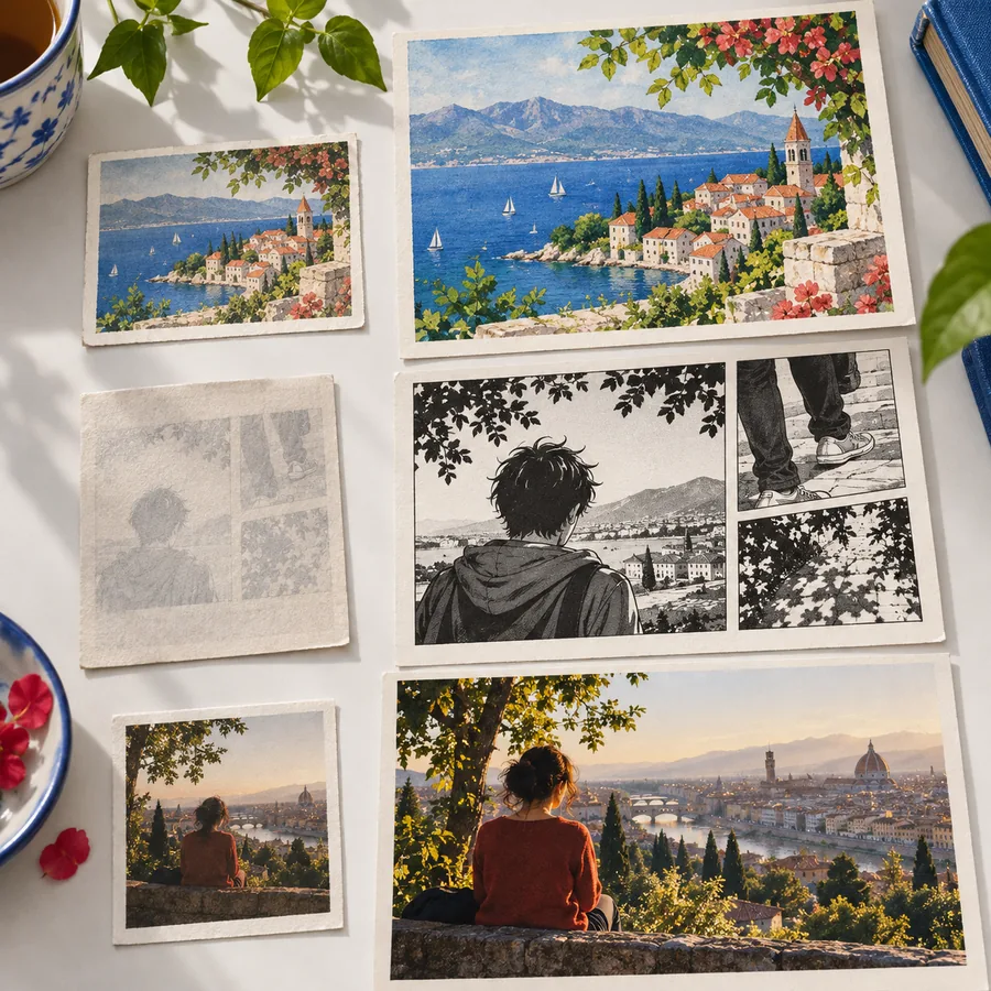 Printed artwork and photographs beside enlarged cleaner counterparts