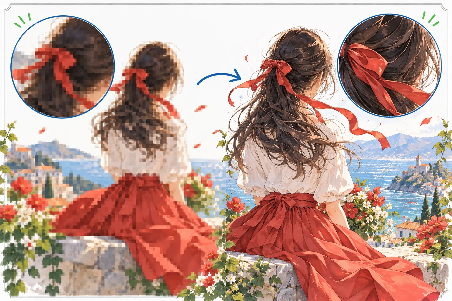 Colorful illustration with soft source detail beside a crisp enlarged result